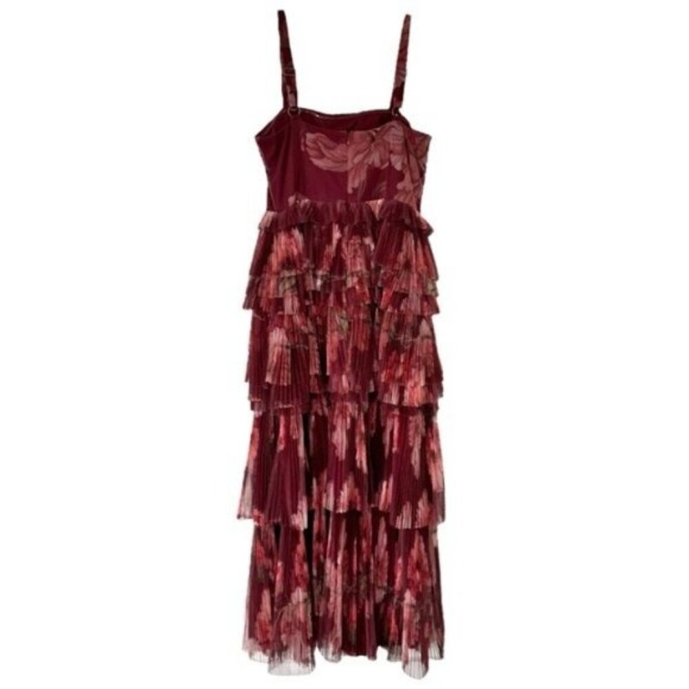 Anthropologie Hutch Nalina Tiered Tulle Floral Print Burgundy Maxi Dress Size 10 - Picture 7 of 10